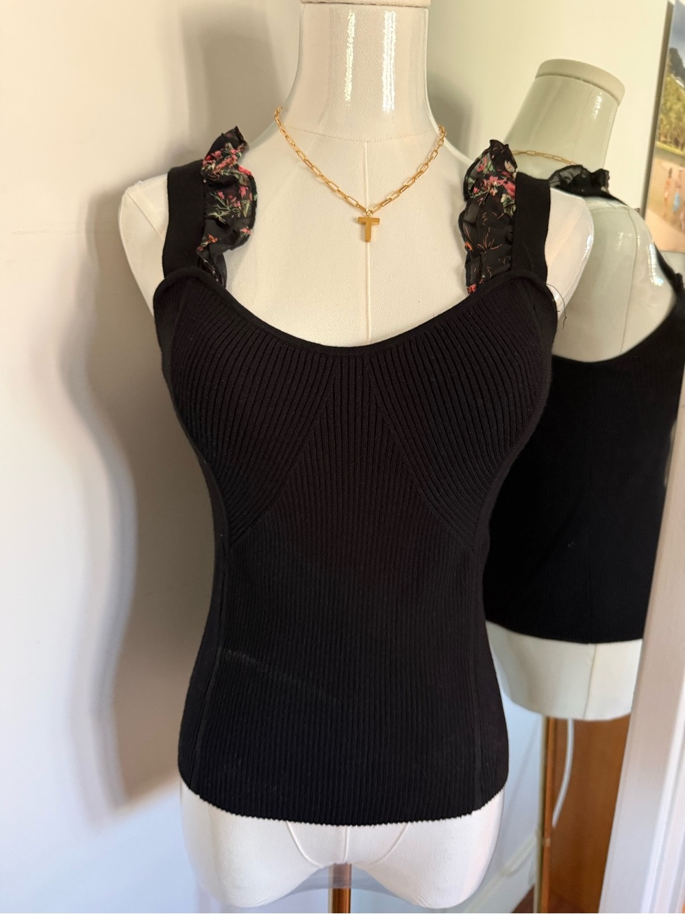 Anthropologie Black Ribbed Tank with Floral Ruffle Straps